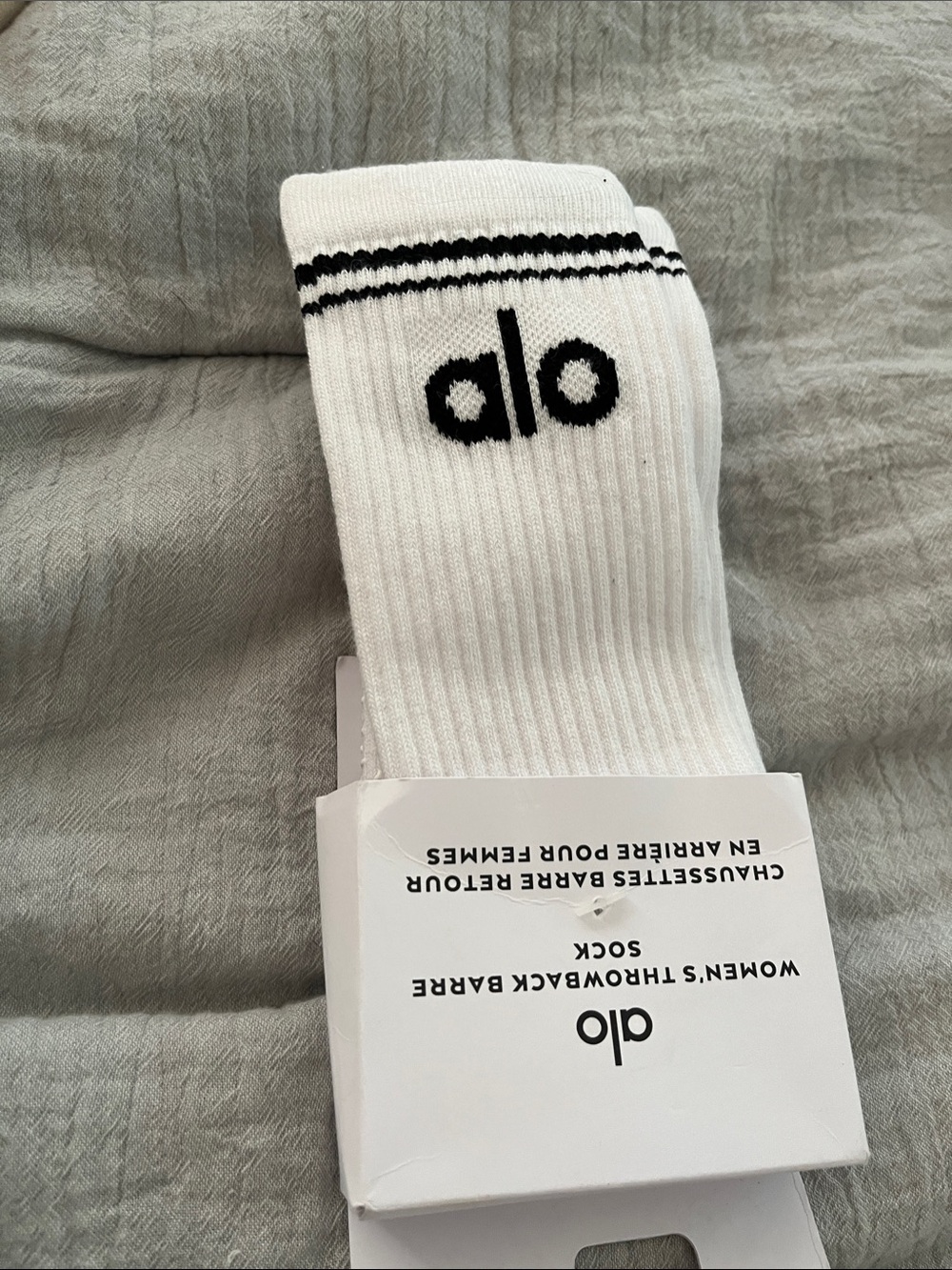 ALO Yoga Women’s White Crew Socks with Black Logo & Stripe